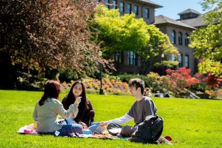 Three students sitting on a green lawn in bright sunshine discussing topics