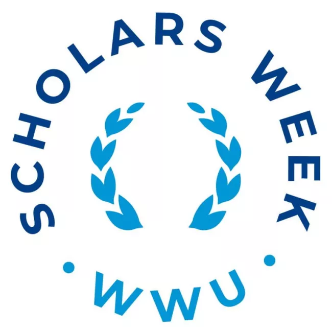 Two olive leaves arch together colored blue. The words Scholars Week WWU surround the leaves.
