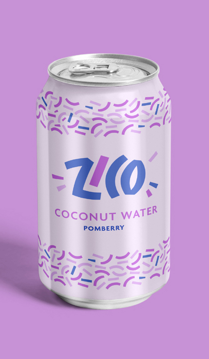 Zico Coconut Water can design, purples and blues with a fun typographic treatment