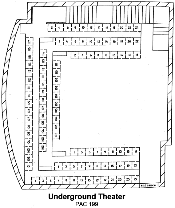 DUG Theater seating chart. Three rows of seats arranged overlooking the center of the room.
