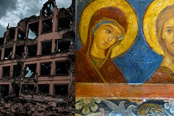 A bombed out building in Ukraine and Christian religious icons.