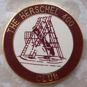 The Herschel 400 Club pin, telescope within a brown circle