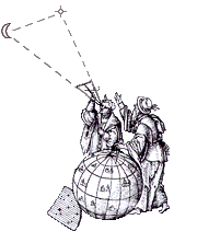 two astronomers study the sun and moon while working with a globe, illustration