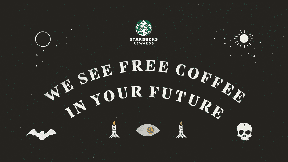 Animation saying 'We see free coffee in your future' rotating into an eye