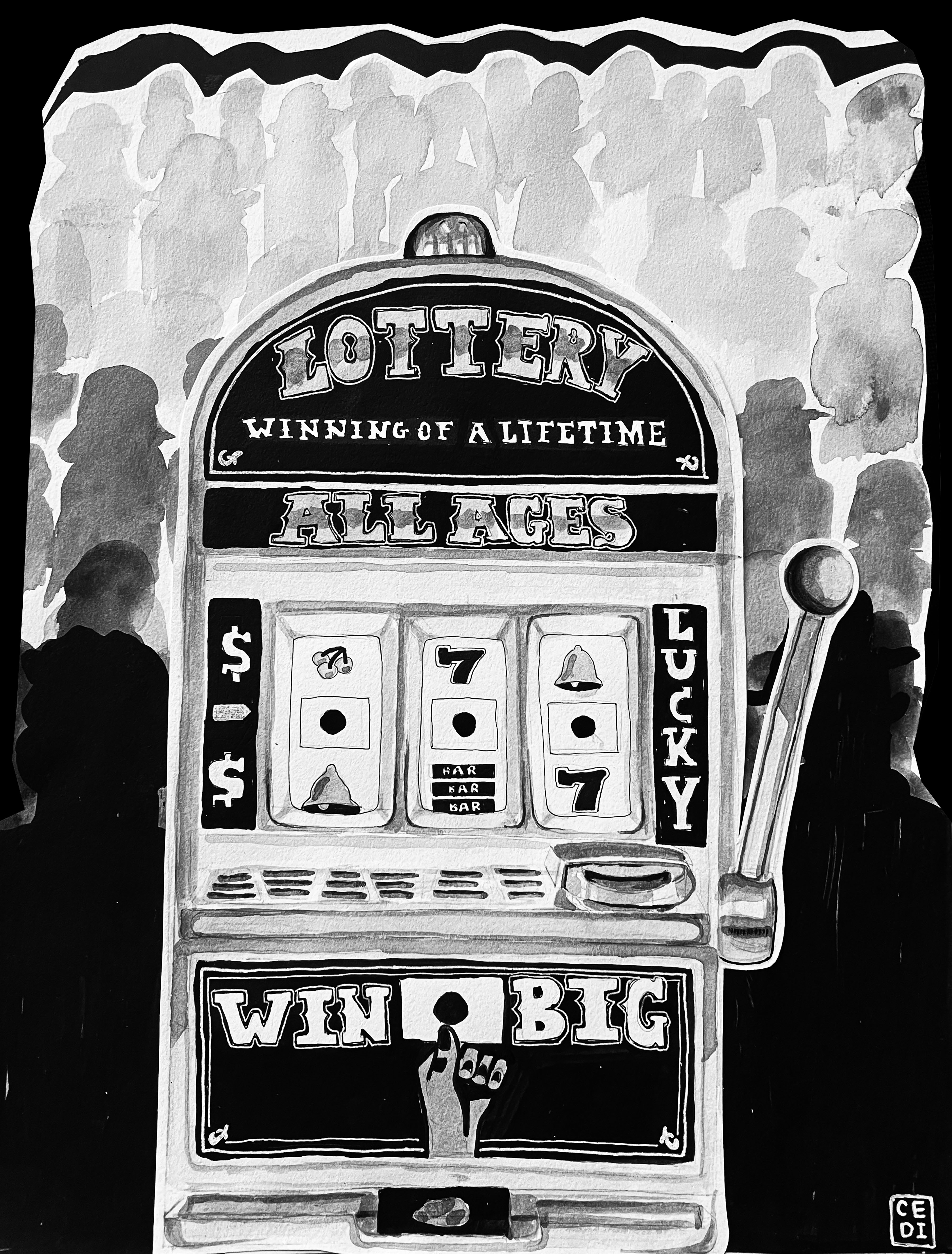 black and white illustration of a slot machine
