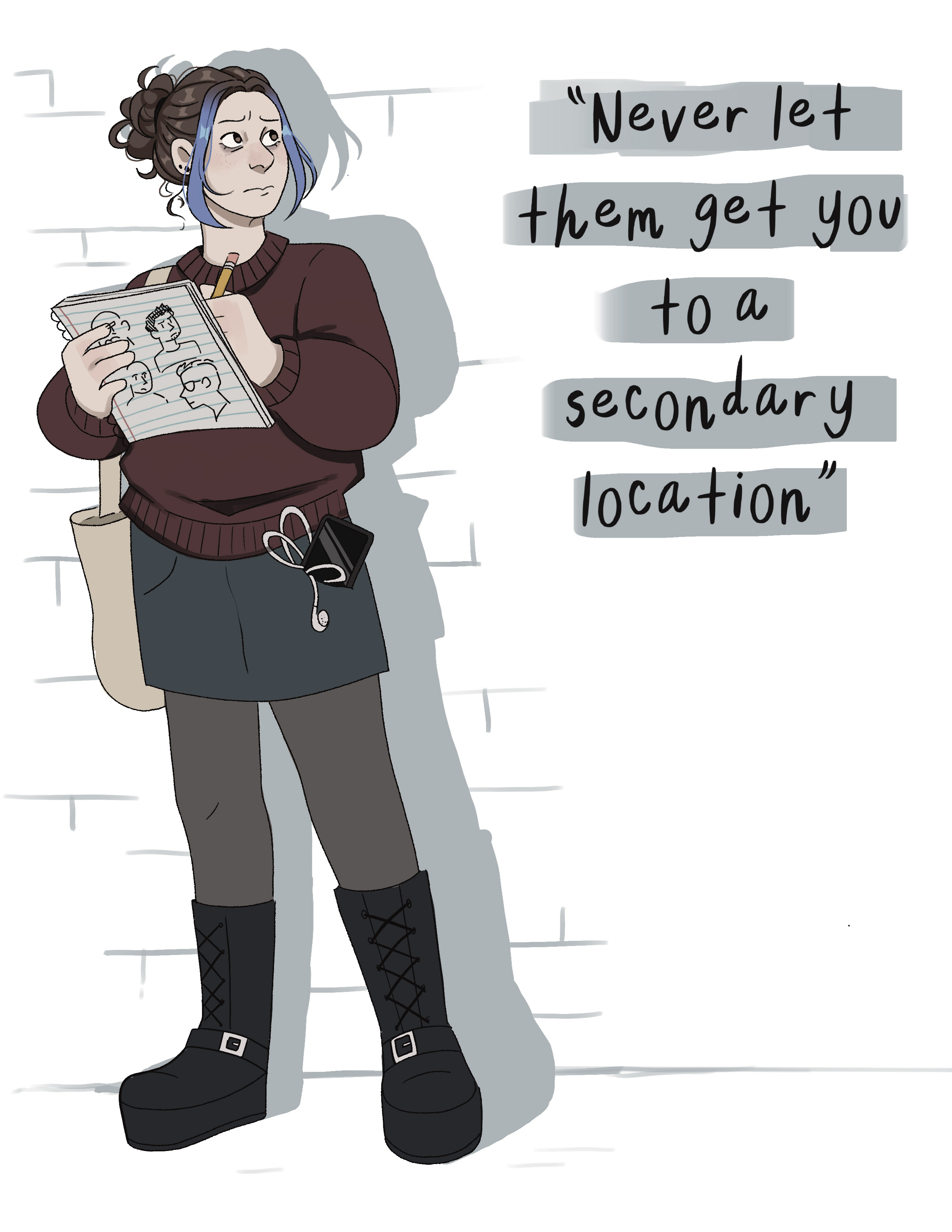 color illustration of a girl writing in a notebook the statement never let them get you to a secondary location