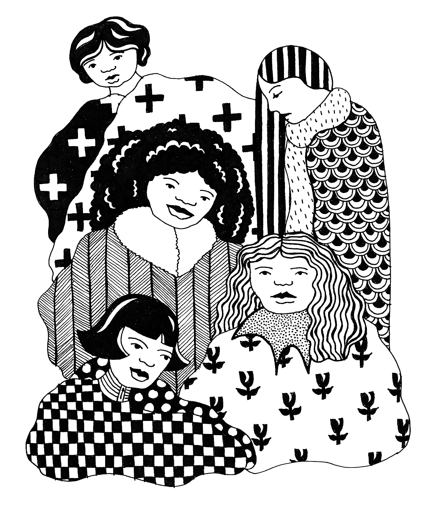 black and white illustration of women