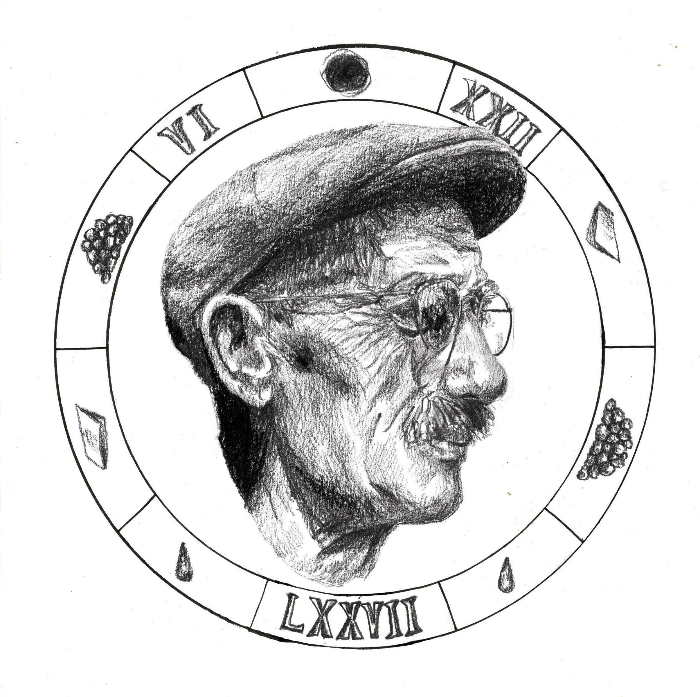 black and white illustration of a man's head in a circle