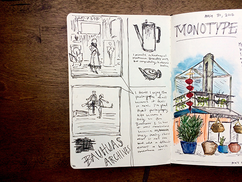 a sketchbook page featuring illustrations of people, a coffee percolator, and a lamp, with a colorful green house on the opposite page