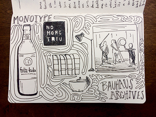 a sketchbook page with 'monotype,' 'no more thru traffic,' a beer bottle, a band, and 'bauhause archives' with squigly lines in between the illustrations