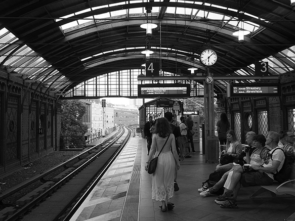 Black and white photo of a train station