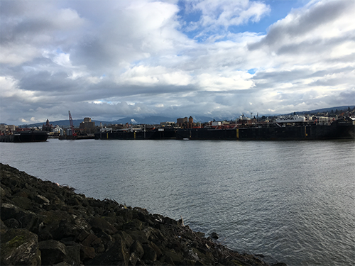 wide body of water next to industrial section of Bellingham on a cloudy day