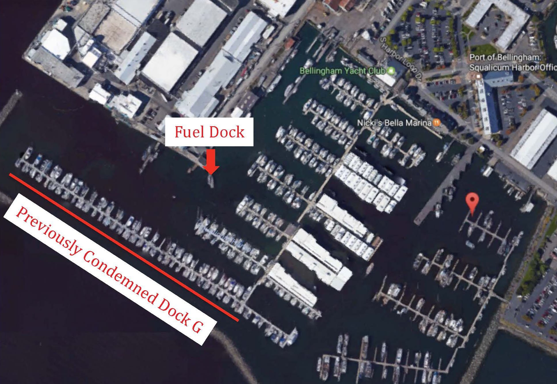 A mapof the harbor showing numerous docked boats from a bird's eye view. Both the Previously Condemned Dock G, and the Fuel Dock are highlighted in red.