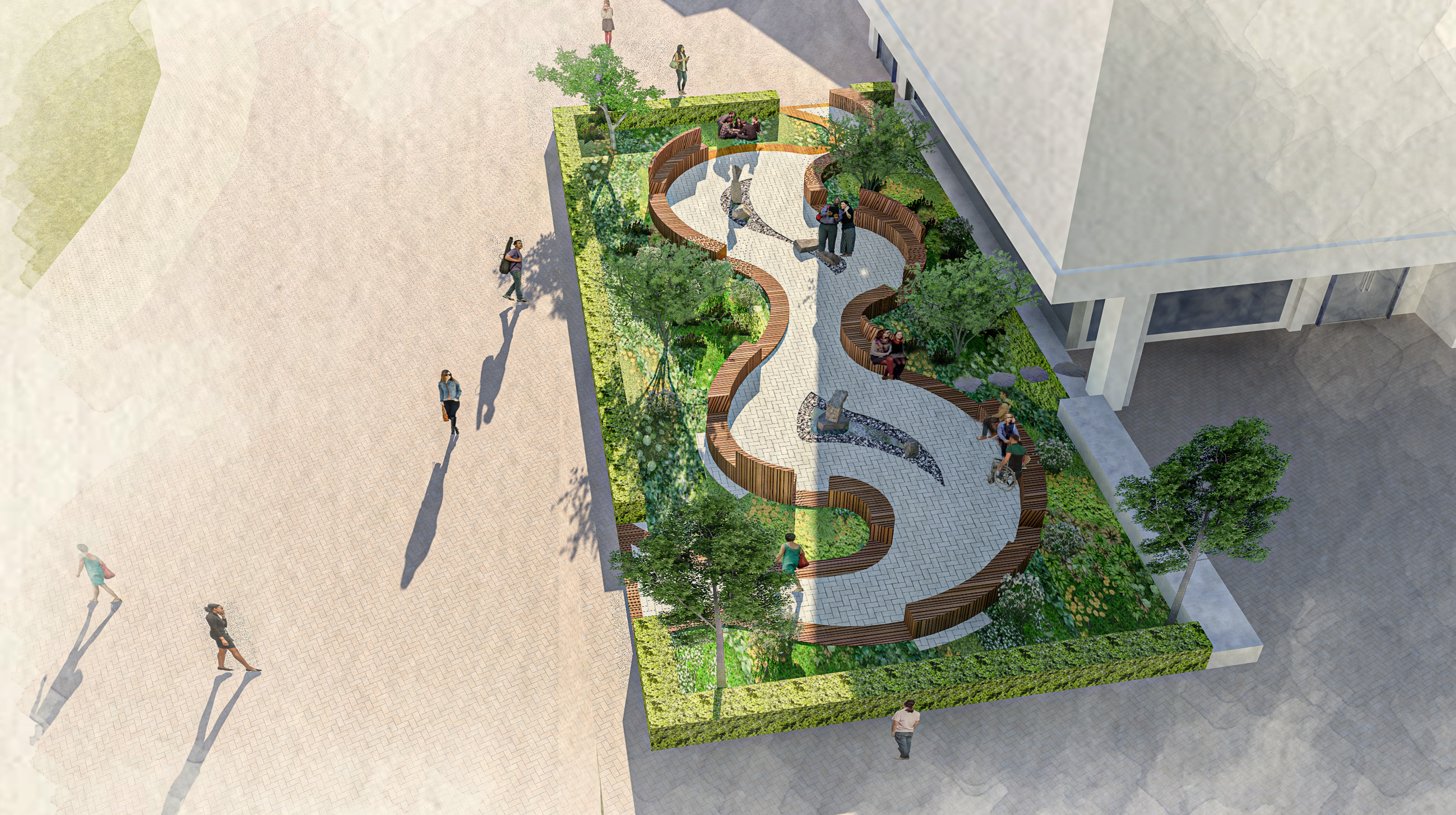 Artists rendering of Healing Garden from 100 feet above perspective showing entire walkway with shrubbery, hedges, trees and people on wooden benches.  