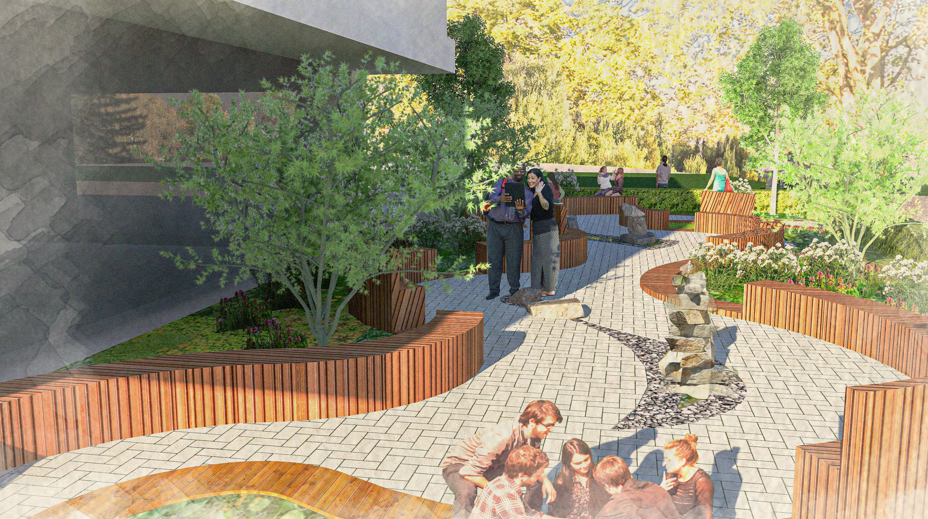 Artists rendering of Healing Garden from heightened perspective showing 'S' shaped walkway of brick and an inlayed dolphin shape with wood benches.