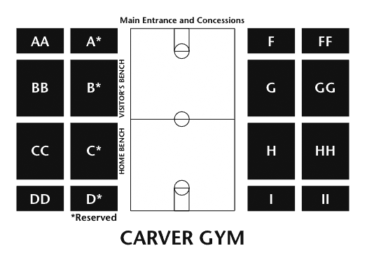 Seating chart for Carver Gym. The seating area is divided into 16 sections, including four reserved sections labeled A, B, C and D.