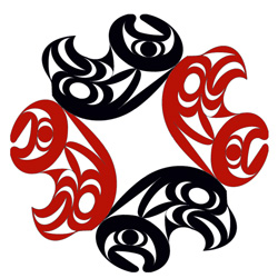 Striking Native American graphic artwork of four eagles in alternating red and black forming intricate circular design on a white background.