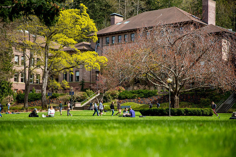 Students on lawn in front of Old Main