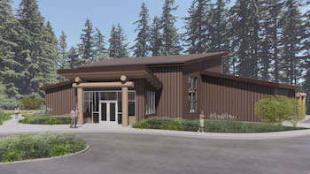 The House of Healing rendering showing the front of the building clad in brown siding with an archway made of logs at the front door