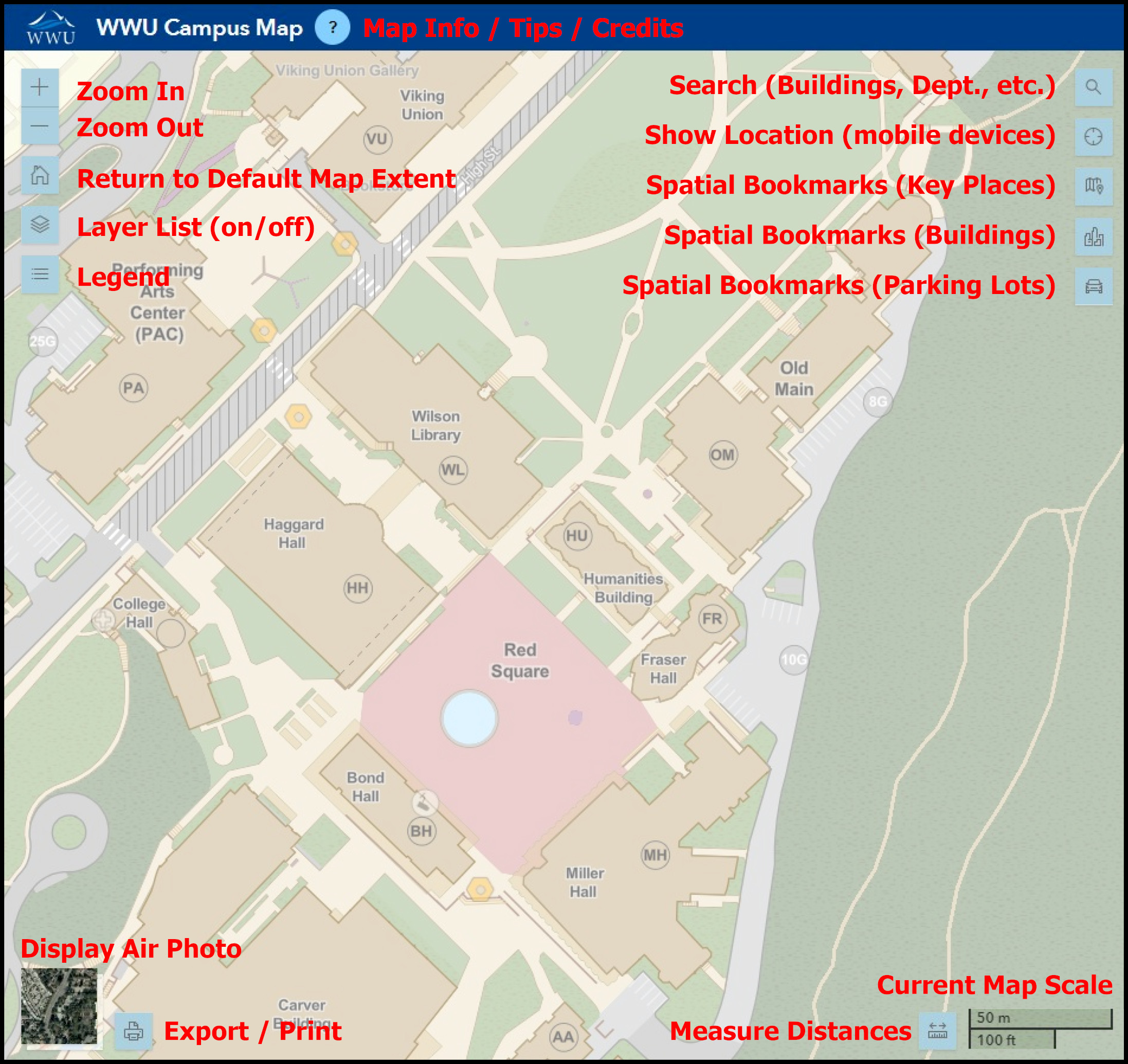 Annotated screenshot of WWU Campus Map user interface.