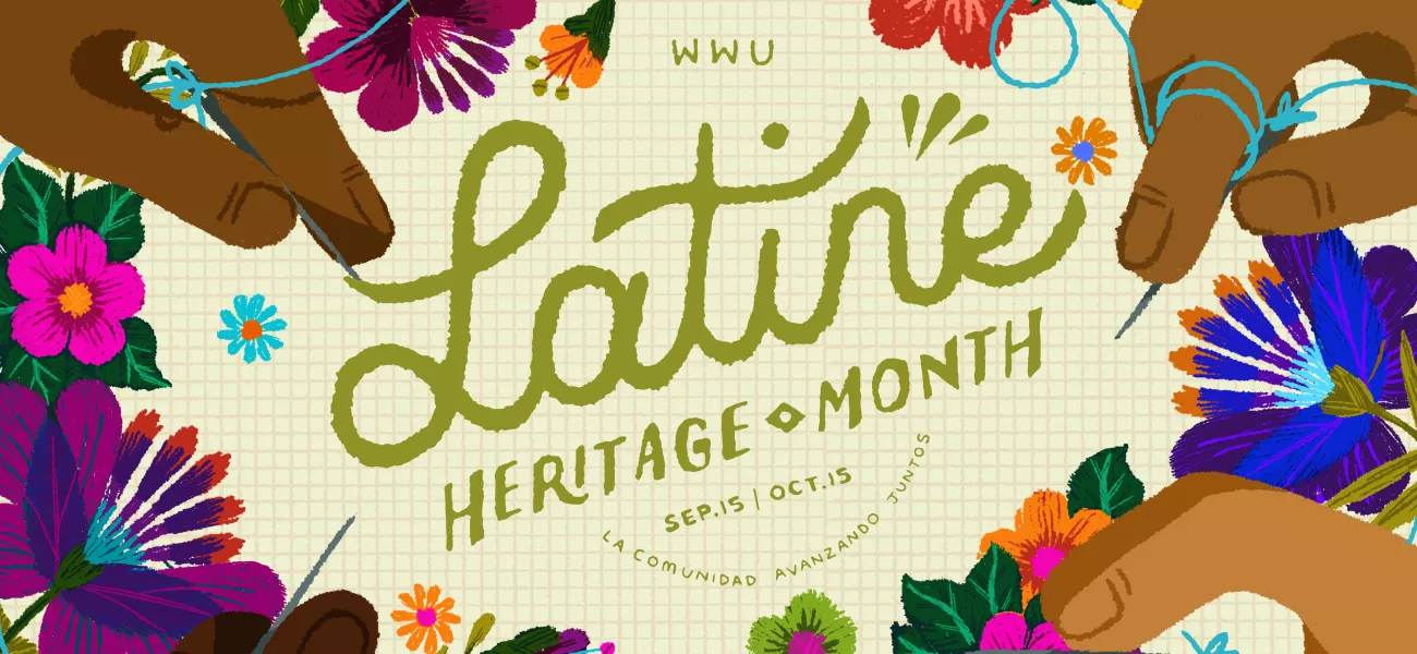 Latine Heritage Month banner, featuring bold graphic illustration of brown hands embroidering colorful flowers