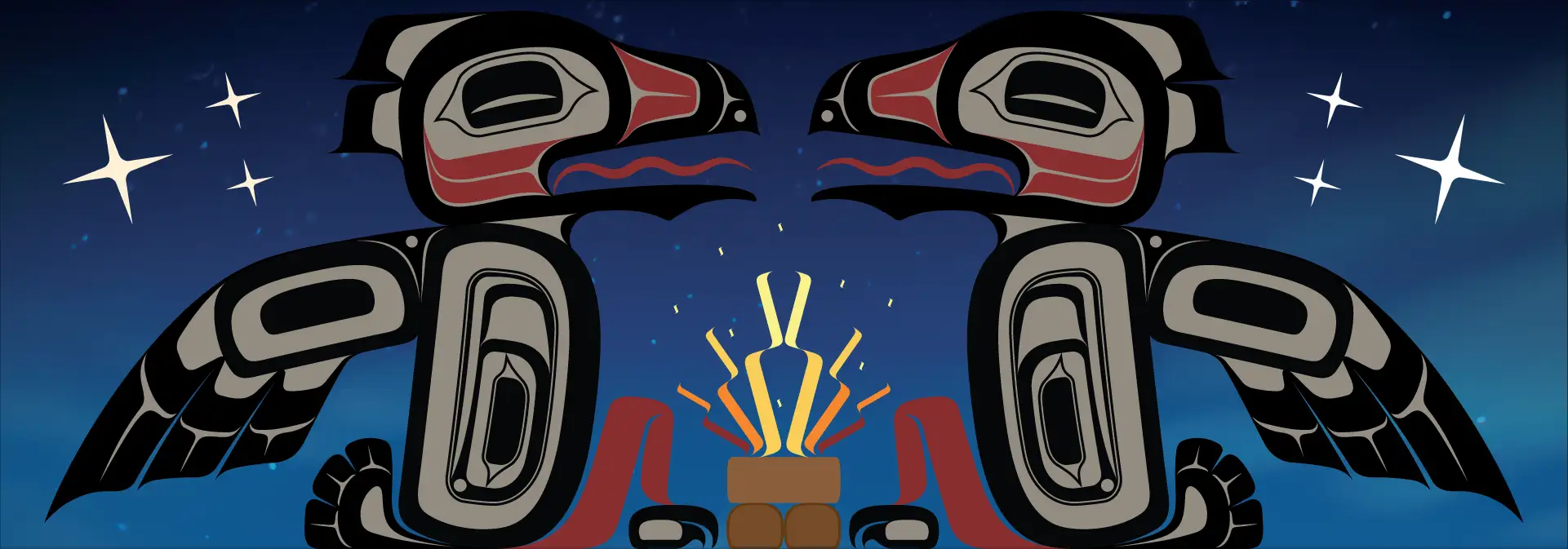 Tlingit line form art of two birds sitting around a fire during a star lit night. 