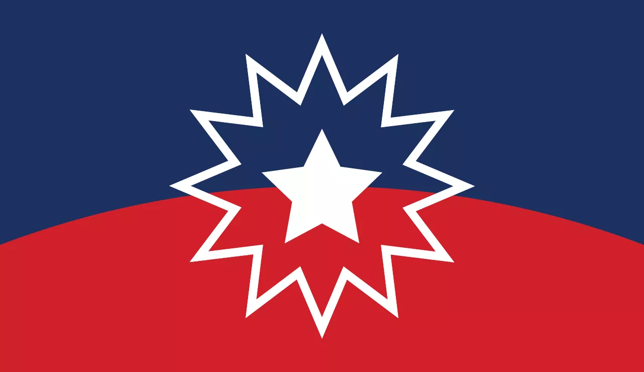 Juneteenth flag, a five point white star outlined by a 12 point starburst over a curved field of blue and red