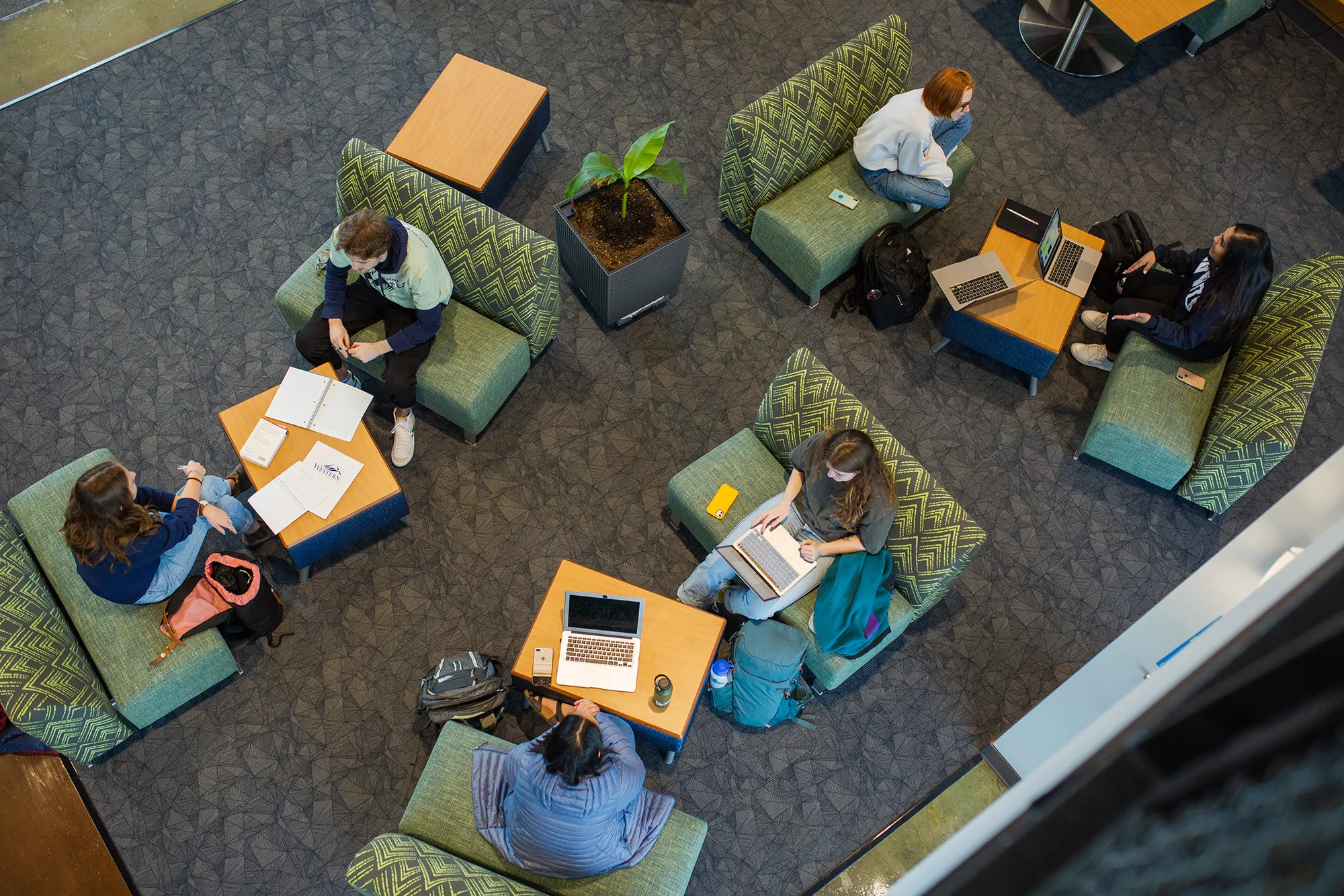 Overhead view of students studying on couches and in chairs.