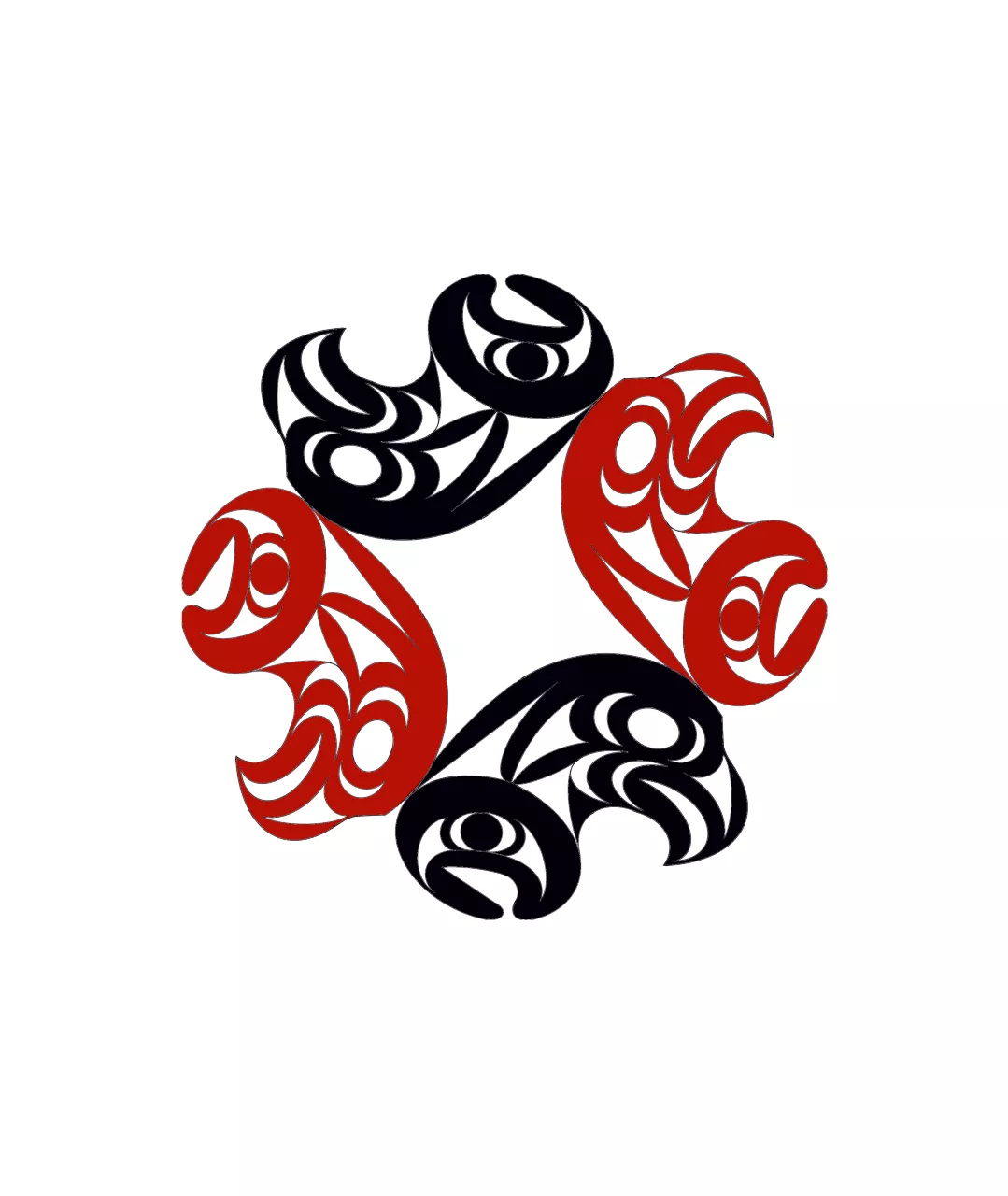 Four eagles in alternating black and red designed in a Native American graphic style, form a loose circular shape.
