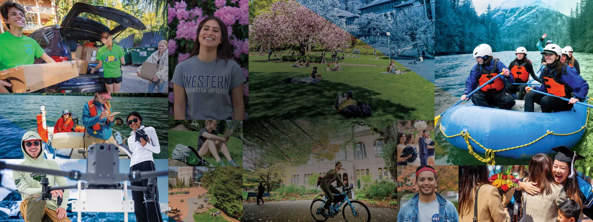 collage of two dozen photos showcasing the life and success of students attending Western Washington University, including moving into dorms, outdoor adventures on bikes and boats, and graduation hugs