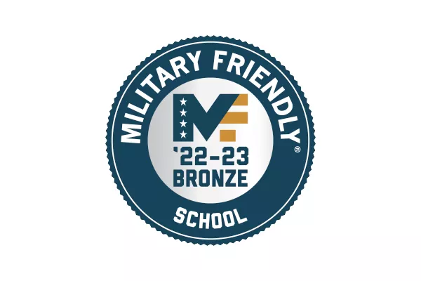 Military Friendly School 22-23. A M with four stars going up the left vertical part of the M and the F cutout of the right vertical side of the M in Yellow.