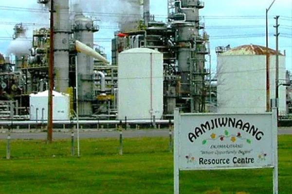 The Aamjiwnaang First Nation Resource Centre adjoins the Dow Chemical plant in Chemical Valley, Sarnia, Canada.