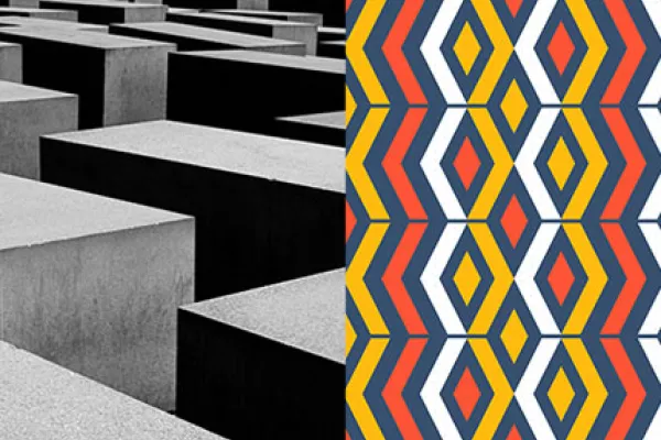 Grey and black concrete blocks contrasted with yellow, red, blue and white traditional Filipino geometric pattern.