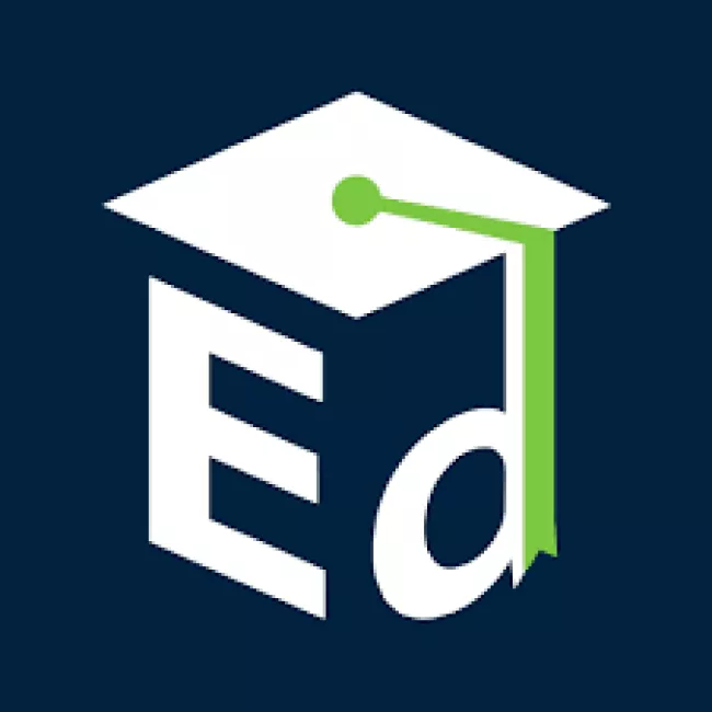 A blue sided square with the capital letter E on one face and the lowercase letter d on the adjacent face. The top of the square is white and there is a green graduation tassle hanging from it.