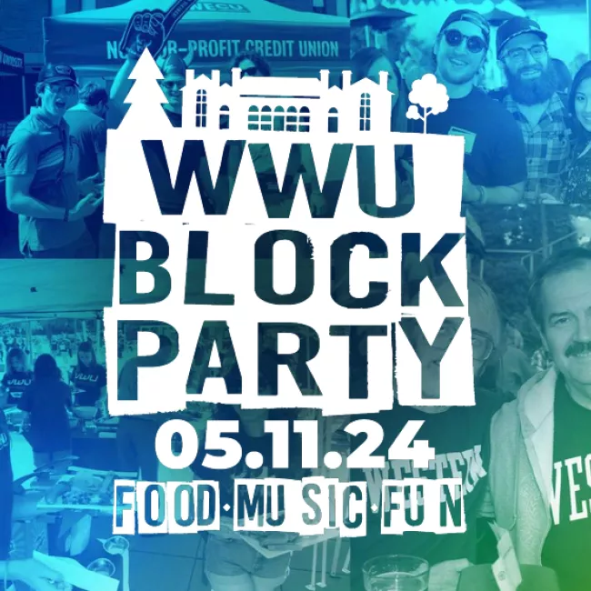 Collage of people enjoying a past block party, with green/blue gradient overlay