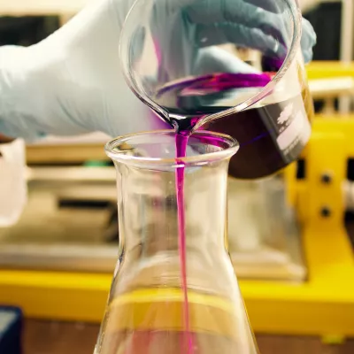 A gloved hand pouring purple liquid from a beaker into a flask
