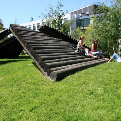 Three students sitting on and next to Western's log ramp art installment.