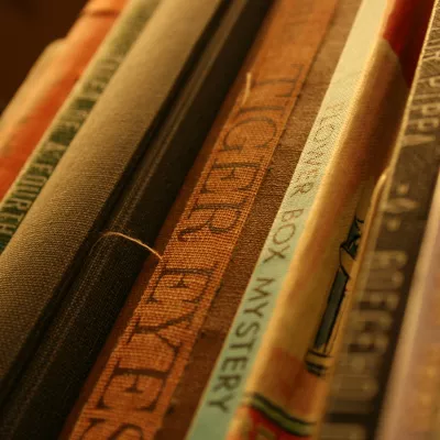 Close-up of books on a shelf.