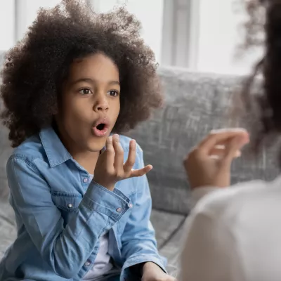 A child using gestures while talking with an adult.