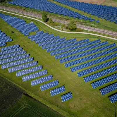 Overhead view of a field full of solar panels