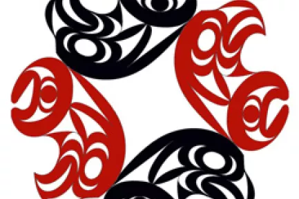 Striking Native American graphic artwork of four eagles in alternating red and black forming intricate circular design on a white background.