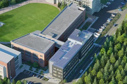 An aerial rendering of Kaiser Borsari Hall showing the roof covered entirely in solar panels.