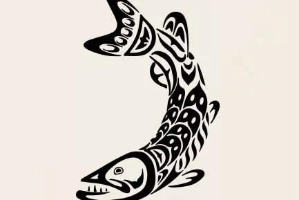 A wood block print of a salmon and the text 50th Anniversary Boldt Decision Panel