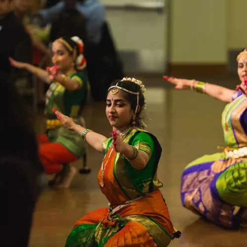 Women wearing traditional Indian clothing perform a dance.