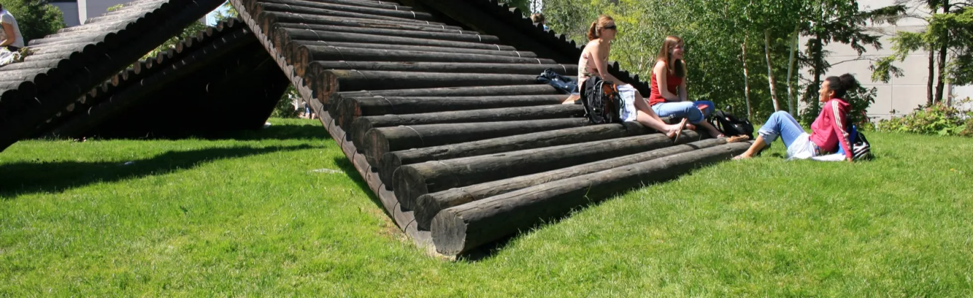 Three students sitting on and next to Western's log ramp art installment.