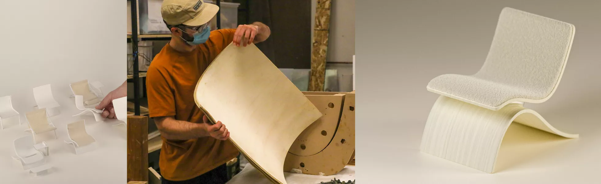 A student designing, prototyping, and building a modern bent plywood chair with upholstery.