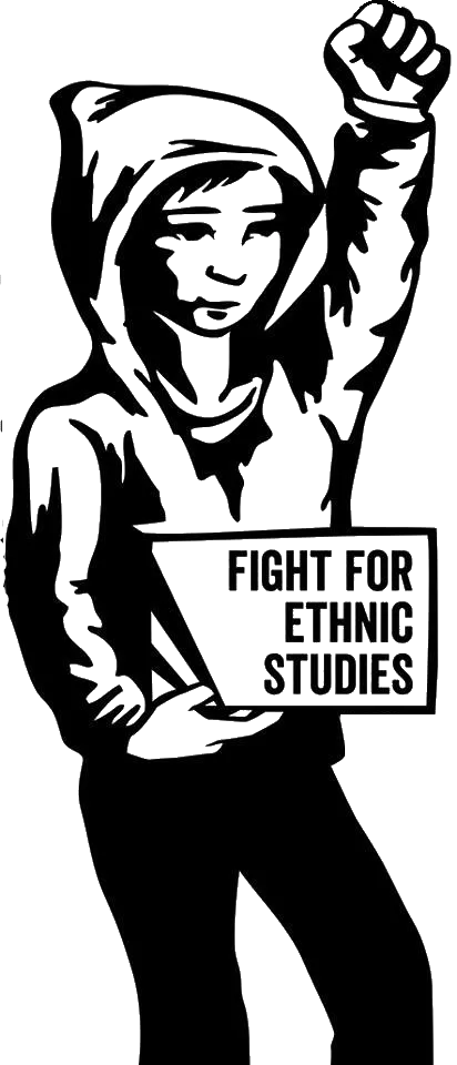 A black and white scketch of a young man with a hood worn and a fist raised holding a sign that reads Fight for Ethnic Studies