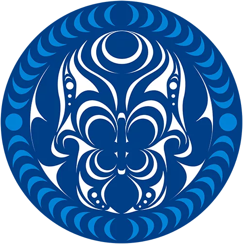 Tribal Relations Symbol: Dark blue semi-abstracted human figure surrounded by lighter blue crescent shapes