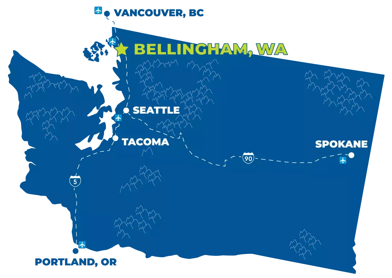 Map of Washington showing location of Bellingham, Seattle, Tacoma and Spokane.