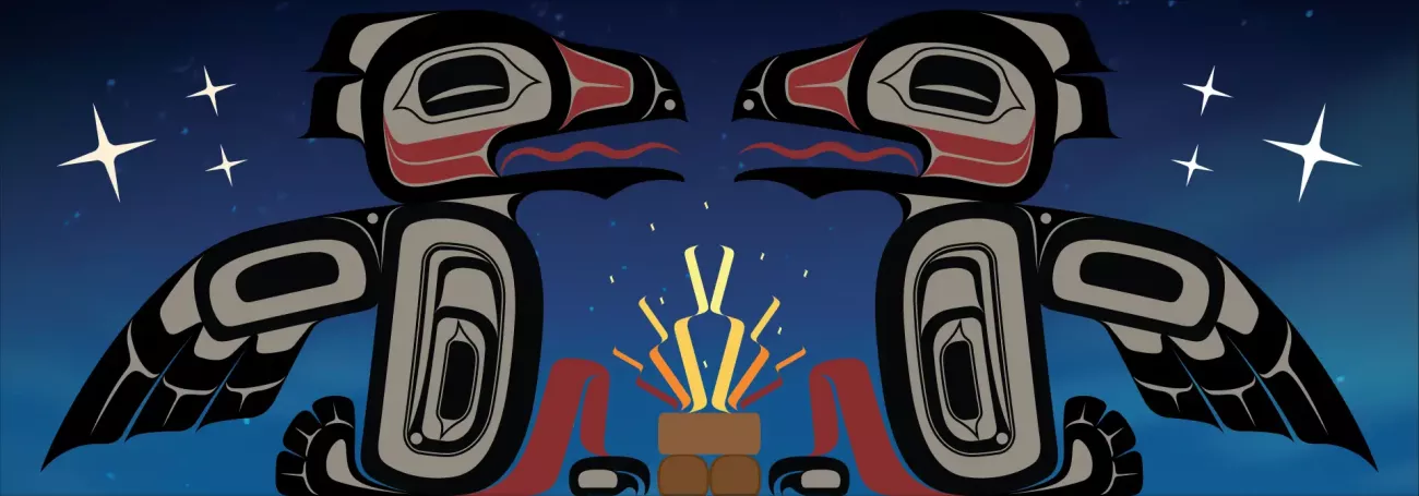 Tlingit line form art of two birds sitting around a fire during a star lit night. 